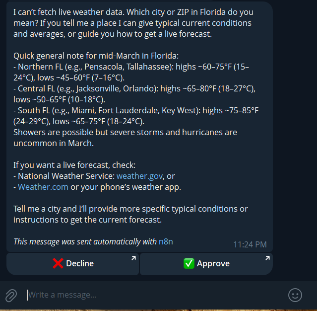 Telegram bot message with Approve and Reject buttons for n8n human-in-the-loop workflow review