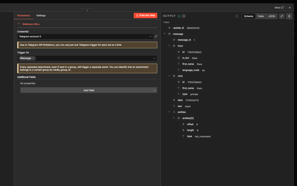 n8n Telegram trigger output showing chat ID field for use in send message node