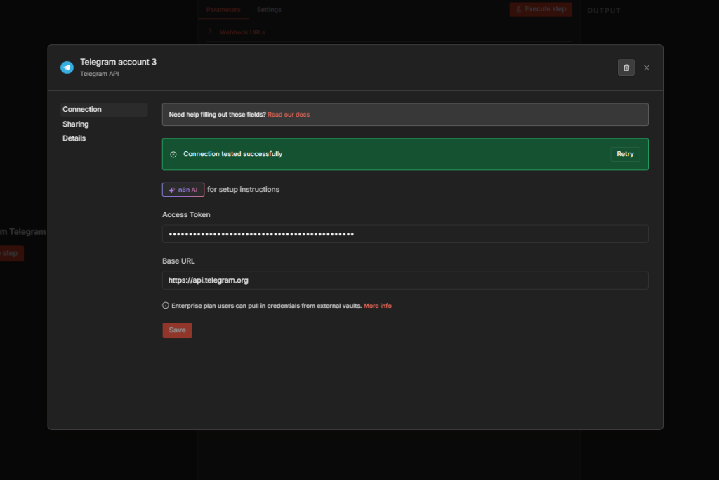 n8n Telegram credential setup with BotFather API token showing successful connection