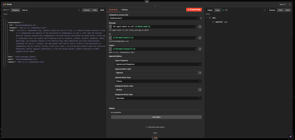 n8n Gmail human in the loop node configuration with approval options