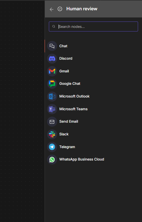 n8n human in the loop channel options in the Tools panel
