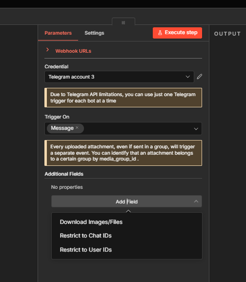 n8n Telegram trigger node configured for on-message event with user ID restriction option
