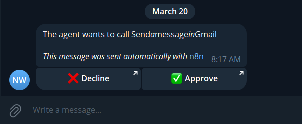 n8n Telegram human in the loop notification for AI agent tool call approval